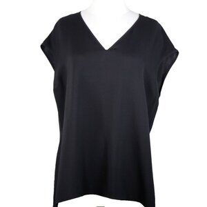 Lafayette 148 Women's Size Large Black Silk Short Sleeve V-Neck Blouse Shirt Top